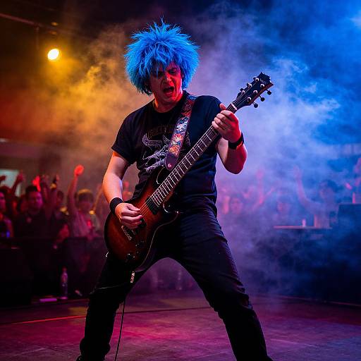 Rock musician with bright blue spiky hair, black t-shirt, and black pants, playing a brown electric guitar on stage, surrounded by colorful blue and