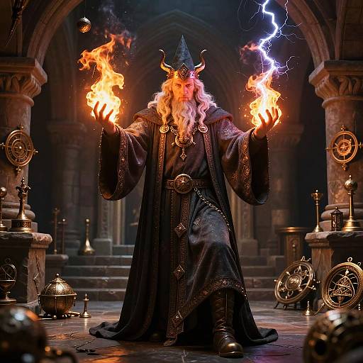 Grand Sorcerer Conjuring Fire and Lightning