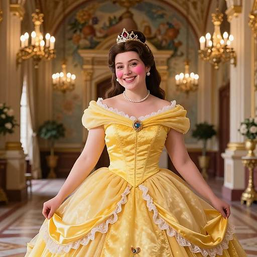 Digital image of a smiling woman in a yellow, off-shoulder ball gown with white lace trim, gold tiara, and pearl necklace, standing