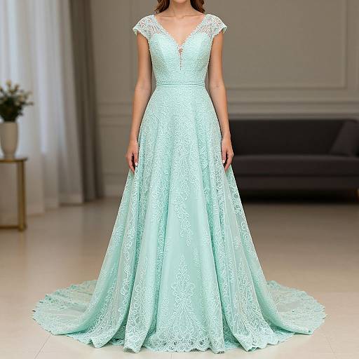 Photograph of a woman in a light blue, lace, V-neck, sleeveless wedding gown with a long, flowing train, standing in a softly