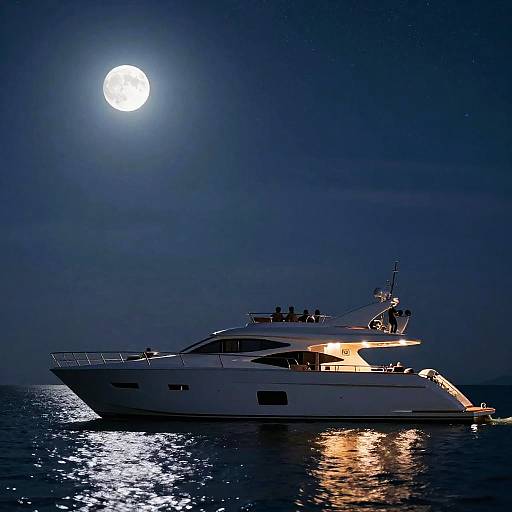 Photograph of a white yacht illuminated by moonlight under a full moon, reflecting on dark, calm waters at night.