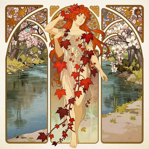 Digital illustration of a red-haired woman with autumn leaves in a transparent dress, standing by a serene river with cherry blossoms. Art Nouveau style with