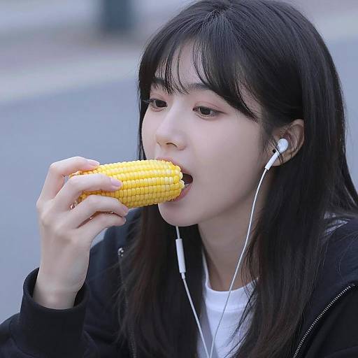 Asian Woman Eating Corn on the Cob Outdoors