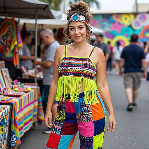 Photograph of a smiling woman with curly hair in a colorful, fringed, strapless dress, wearing a headband, at a vibrant outdoor market