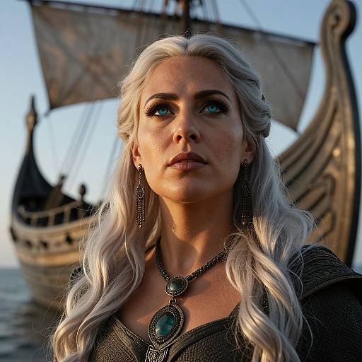 CGI image of a stern-faced, silver-haired woman with blue eyes, wearing a medieval dress and pendant, standing before a large, wooden Viking ship