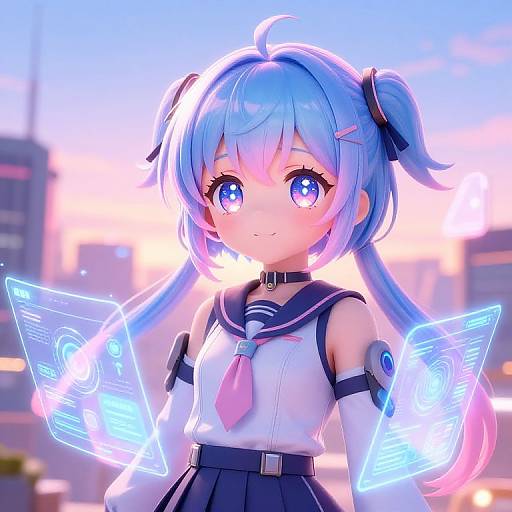 Digital anime-style drawing of a blue-haired girl with glowing eyes, wearing a sailor school uniform, surrounded by neon blue holographic wings, set against a