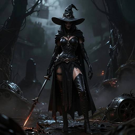 Dark fantasy digital art: A menacing witch with black armor, thigh-high boots, and a wide-brimmed hat stands in a foggy, ruined