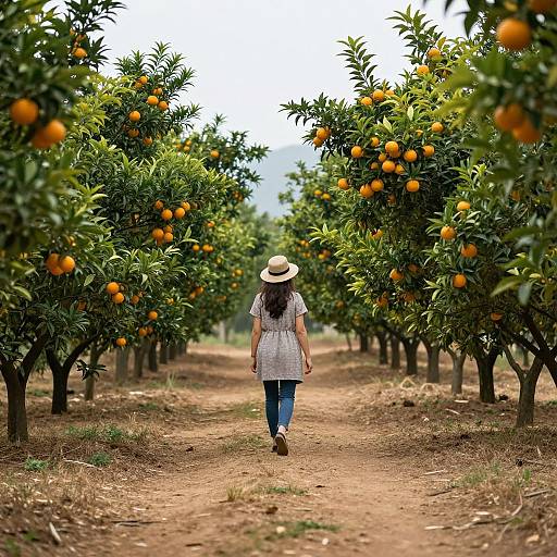 Photograph of a woman with long dark hair, wearing a white hat and checkered shirt, walking down an orange tree-lined path.