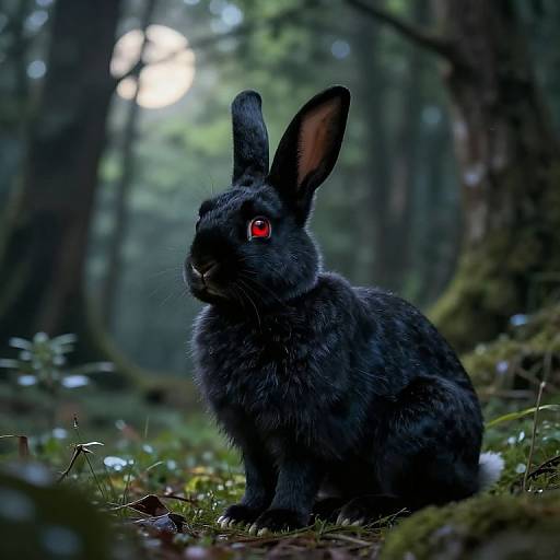 Photograph of a dark gray rabbit with striking red eyes sitting in a misty, moonlit forest, surrounded by moss and foliage.