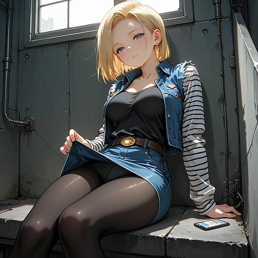 Anime Style Blonde Girl in Denim Outfit Sitting Indoors