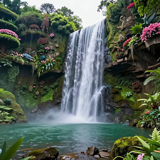 Photograph of a lush, tropical waterfall cascading into a clear, turquoise pool surrounded by vibrant greenery, colorful flowers, and moss-covered rocks.