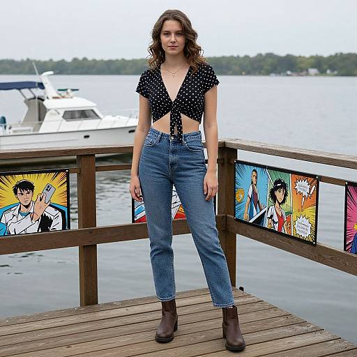 Photograph of a young woman with wavy brown hair, wearing a black polka dot tie-front top, high-waisted blue jeans, and