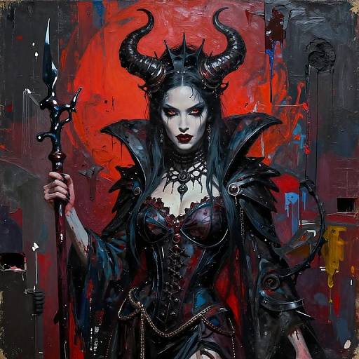 Digital painting of a dark, gothic demon queen with black horns, pale skin, red eyes, black lace corset, and spiked crown, holding