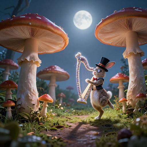 Photorealistic CGI of a rabbit in a top hat playing a glowing harp under a full moon, surrounded by giant red-capped mushrooms in a
