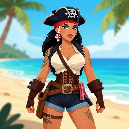 Digital illustration of a sexy, tattooed pirate woman with large breasts, black hair, red bandana, white top, and denim shorts, standing on