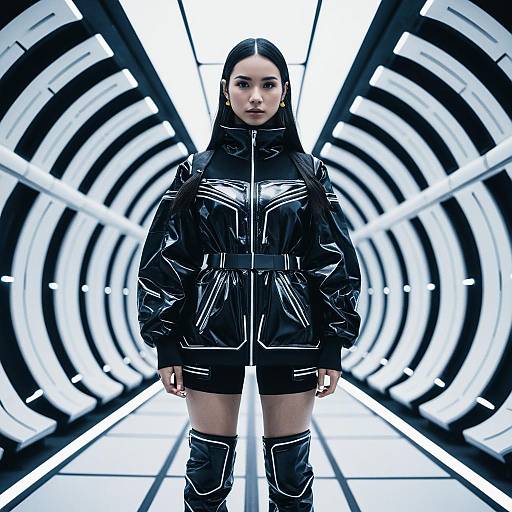 Futuristic Fashion Woman in Black Outfit