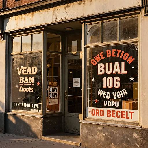 Photograph of a vintage-style storefront with weathered glass windows displaying bold, red and white 