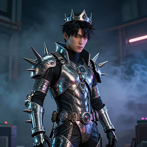 Digital CGI image of a young man with dark hair, wearing metallic spiked armor, black turtleneck, and silver crown, standing in a smoky