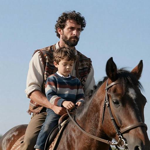 Man and Boy Horse Riding in Nature