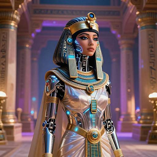Digital art of a futuristic, cybernetic Egyptian queen with blue and gold headdress, metallic armor, and glowing accents, standing in a brightly-l