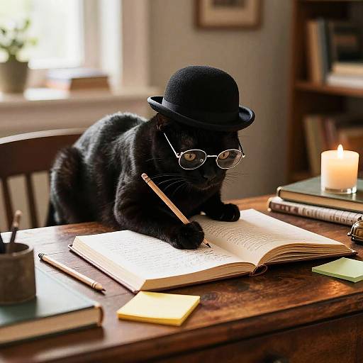 Black Cat Studying in Vintage Room