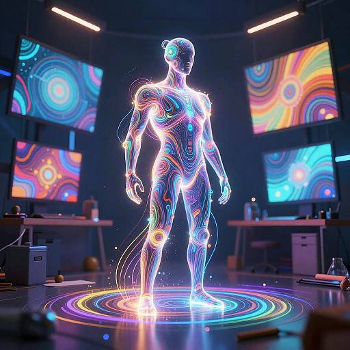Neon-lit, glowing digital human figure standing on a colorful holographic floor in a futuristic, dark room with vibrant, swirling screens.