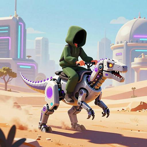Digital artwork of a hooded figure riding a cybernetic, purple-spiked dinosaur in a futuristic, sunlit desert cityscape with neon buildings.