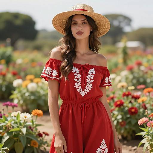 Young Woman in Red Embroidered Dress in Flower Garden