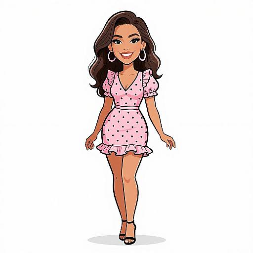 Digital illustration of a smiling, dark-haired woman with hoop earrings, wearing a pink polka dot dress and black heels, walking forward on a white background