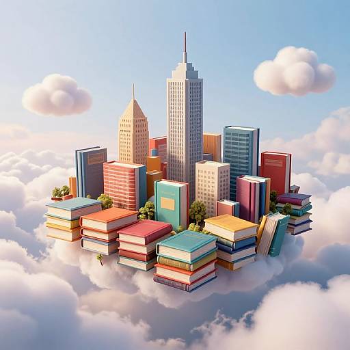 Digital illustration of a colorful, floating cityscape with skyscrapers and stacked books, set against a bright blue sky with fluffy clouds.
