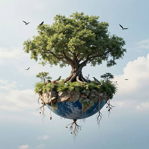 Floating tree island with lush greenery, birds flying, roots extending, earth below, against a bright blue sky with clouds. Digital art.