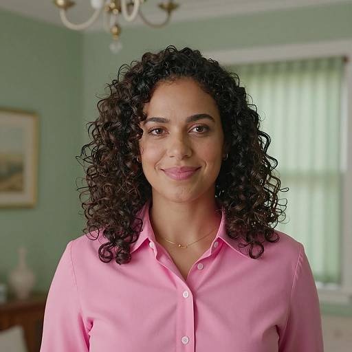 Smiling Woman in Bright Pink Shirt