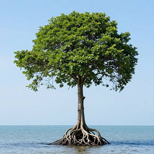 Photograph of a solitary, green-leaved tree with exposed roots standing in calm, clear blue water under a bright blue sky.