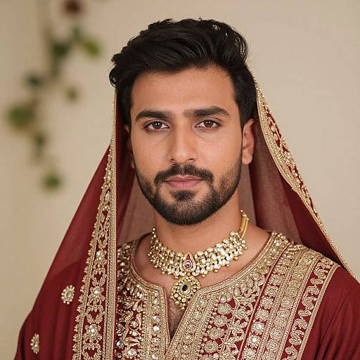 Photograph of a handsome South Asian man with dark hair and beard, wearing a red and gold embroidered traditional sherwani, and matching gold jewelry,