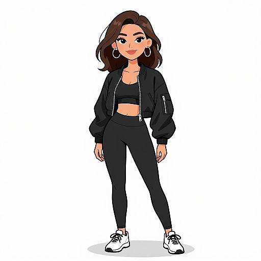 Digital illustration of a young woman with medium-length brown hair, wearing a black crop top, black jacket, black leggings, and white sneakers, standing confidently