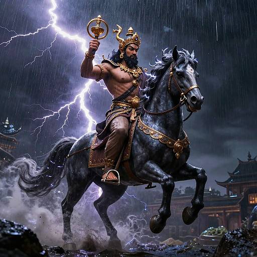 Indra God of Thunder on Horseback in Storm