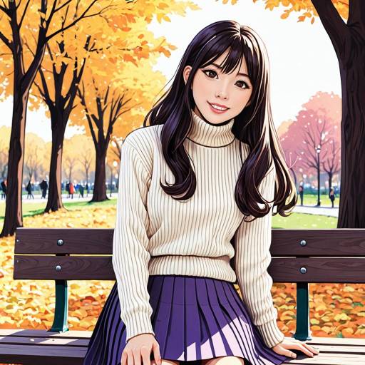 Cheerful Anime Woman on Autumn Bench
