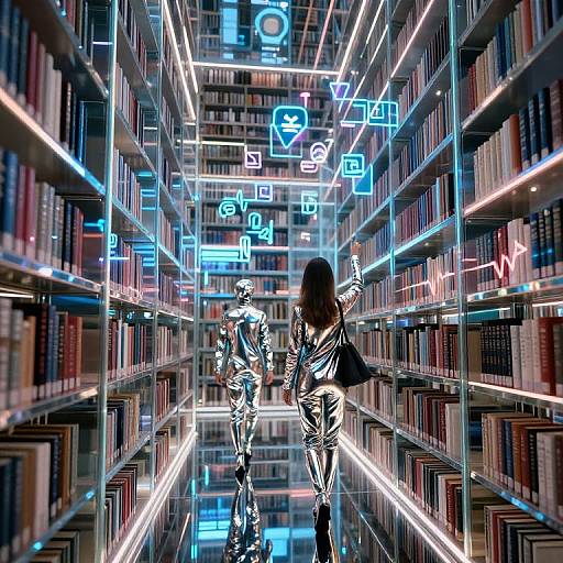 Photograph of two neon-clad figures walking down a brightly lit, futuristic library aisle with digital icons floating above shelves.