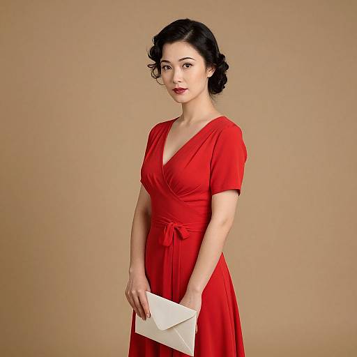 Photograph of an elegant Asian woman with black, curled hair, wearing a vibrant red V-neck dress, holding a white envelope, against a plain beige