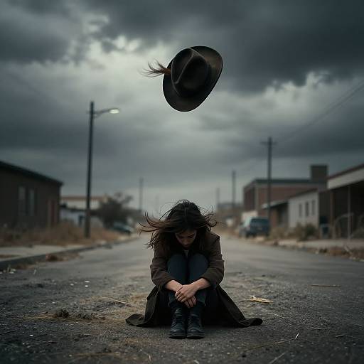 Photograph of a young woman with long brown hair sitting on a deserted, cloudy street, wearing a dark coat and brown hat floating above her head.