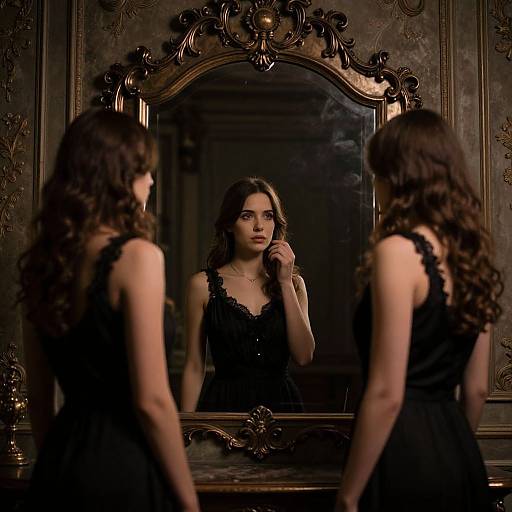 Photograph of a woman with long, wavy brown hair in a black lace dress, standing before an ornate, gold-framed mirror, g