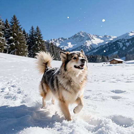 Photograph of a playful, fluffy Siberian Husky with black, white, and brown fur, running in sunlit snow, with snow-covered mountains