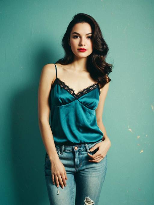 Young Woman in Blue Silk Camisole and Ripped Jeans
