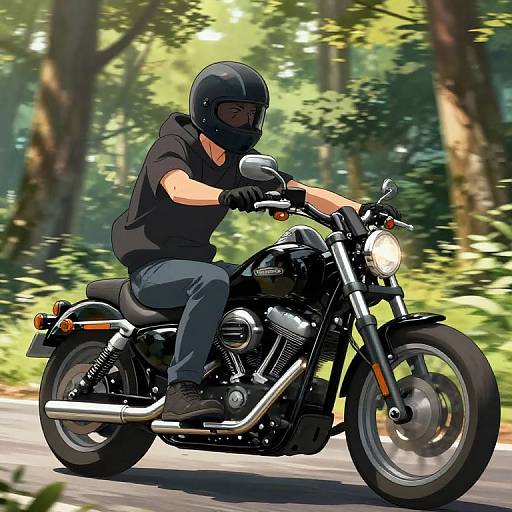Digital illustration of a man in black gear riding a black motorcycle through a sunlit forest, helmet on, focused ahead.