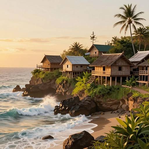 Photograph of rustic wooden beach huts on rocky cliff at sunset, waves crashing, palm trees, and lush greenery in foreground.