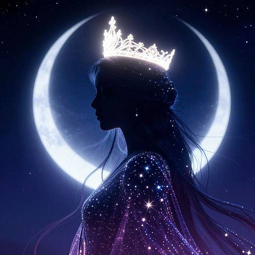 Silhouetted princess in a sparkling, starry dress wearing a glowing crown, set against a luminous crescent moon in a starry night