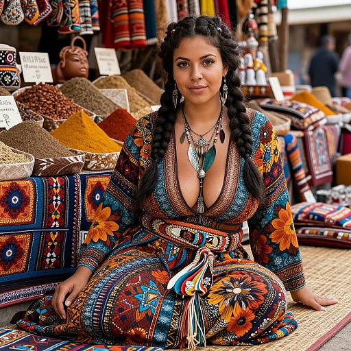Photograph of a dark-haired woman with braided hair, wearing a colorful, patterned, low-cut dress, seated in a vibrant market stall with