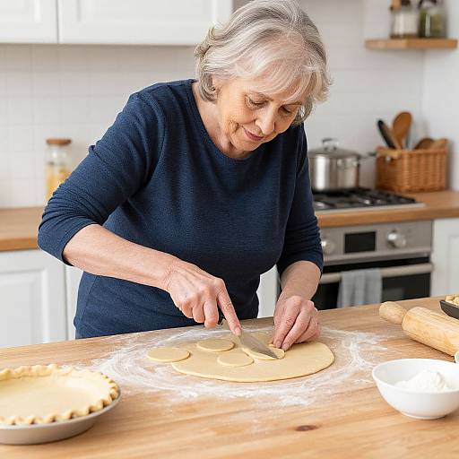 Photograph of an elderly woman with short gray hair, wearing a navy sweater, rolling out dough on a wooden kitchen island.