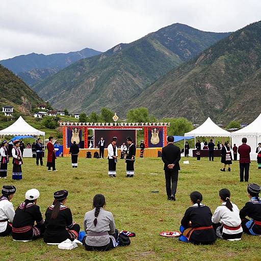 Photograph of a traditional mountain village festival: people in colorful, traditional outfits perform on a red stage, surrounded by white tents, with green hills and