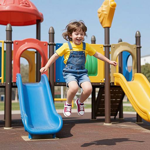 Photograph of a joyful young girl with brown hair, wearing a yellow shirt and blue overalls, jumping on a blue slide in a colorful playground.
